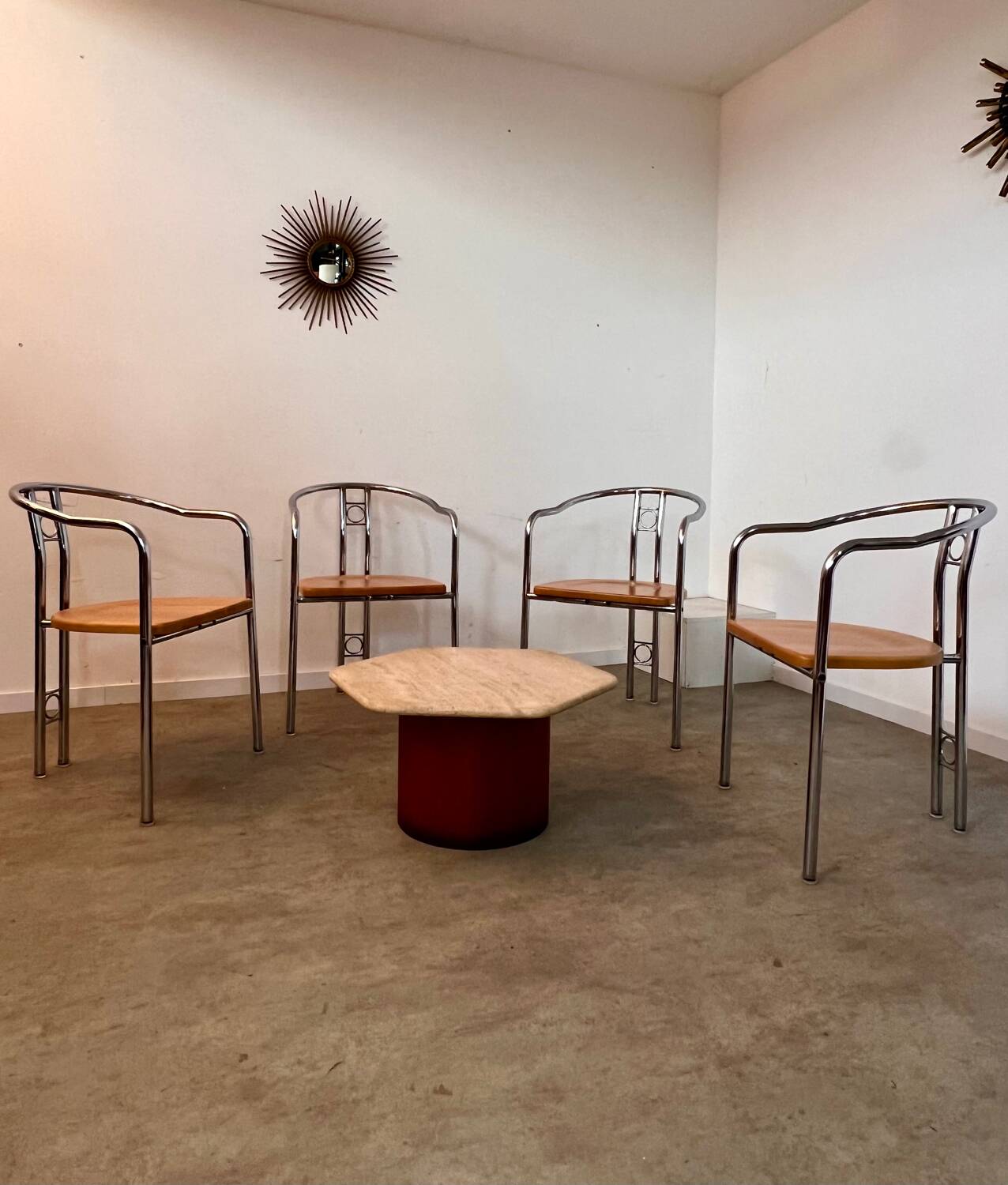 4 old metal chairs with wooden seats, Italian design, postmodern 80s