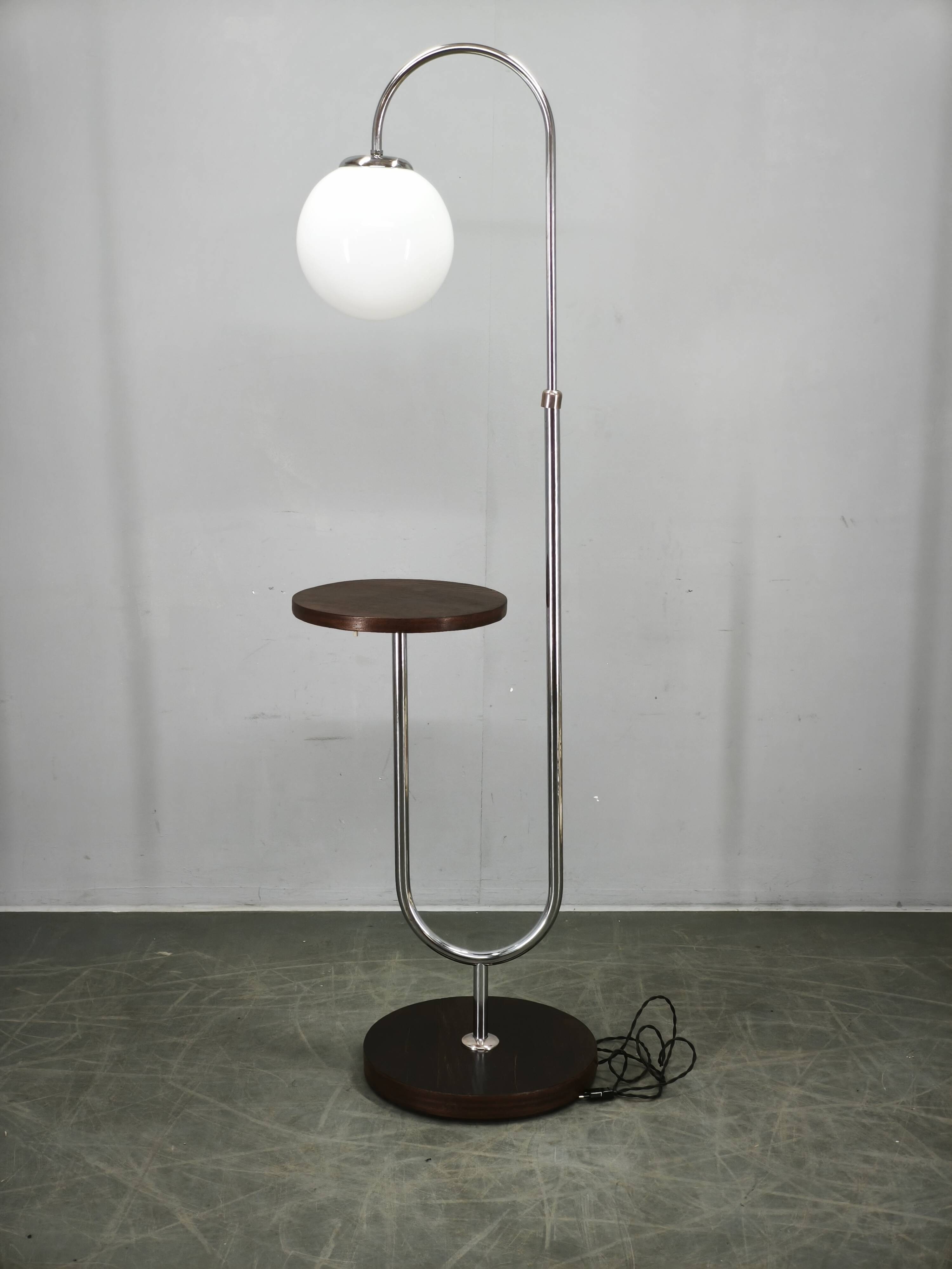 1940s Art Deco Chrome Floor Lamp with Opaline Globe and Side Table