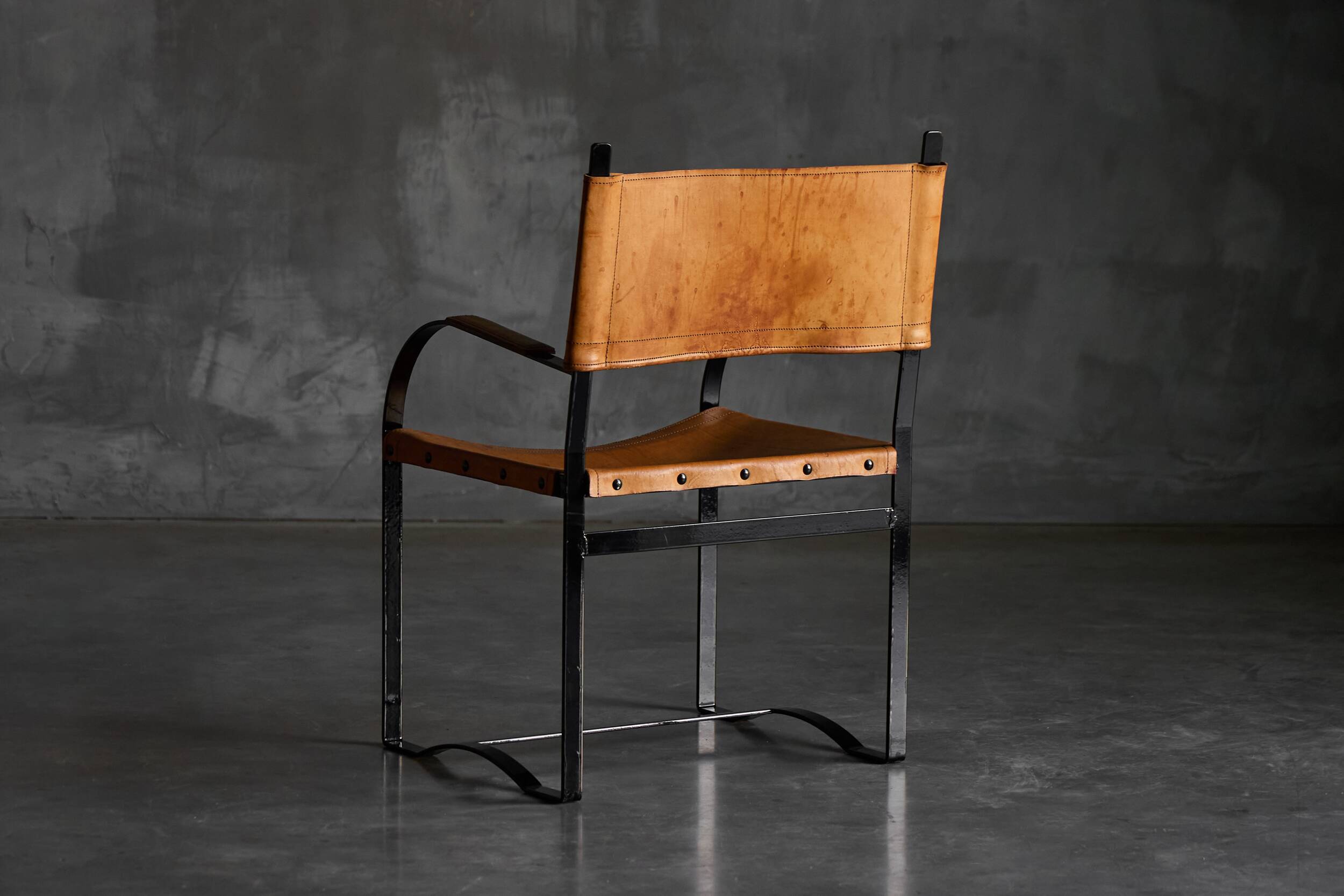 Cognac Leather Armchair, Black Lacquer Steel Frame, Belgium, 1960s