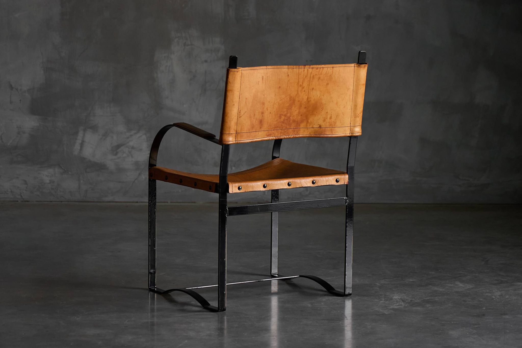 Cognac Leather Armchair, Black Lacquer Steel Frame, Belgium, 1960s