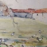 watercolor signed René Lacaze Farmyard