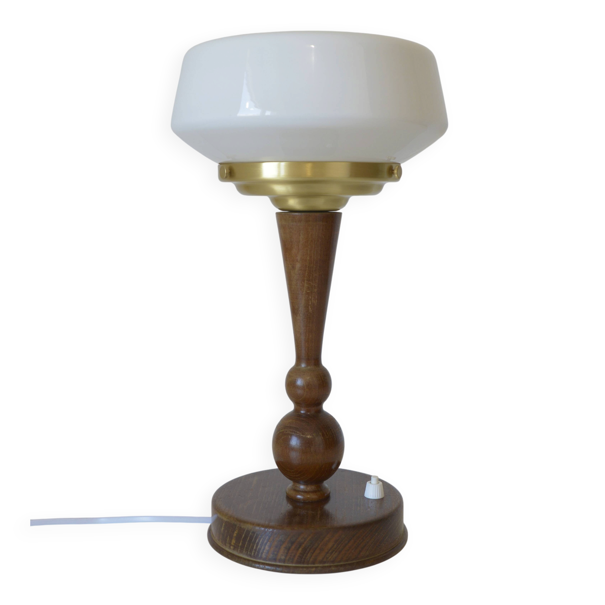 Art Deco Table Lamp | Vintage White Opaline Mushroom Glass | Restored Solid Wood | Fully Rewired | Bauhaus Style