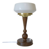 Lampe de table Art Déco | Verre opalin blanc vintage en forme de champignon | Bois massif restauré | Entièrement réélectrifié | Style Bauhaus
