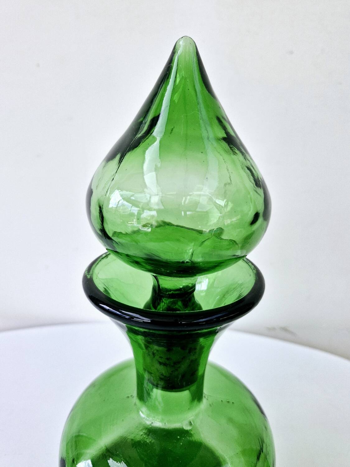 Vintage Green Empoli Italian Glass Carafe With Fleur De Lys Seal Stopper