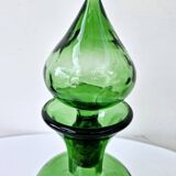 Vintage Green Empoli Italian Glass Carafe With Fleur De Lys Seal Stopper