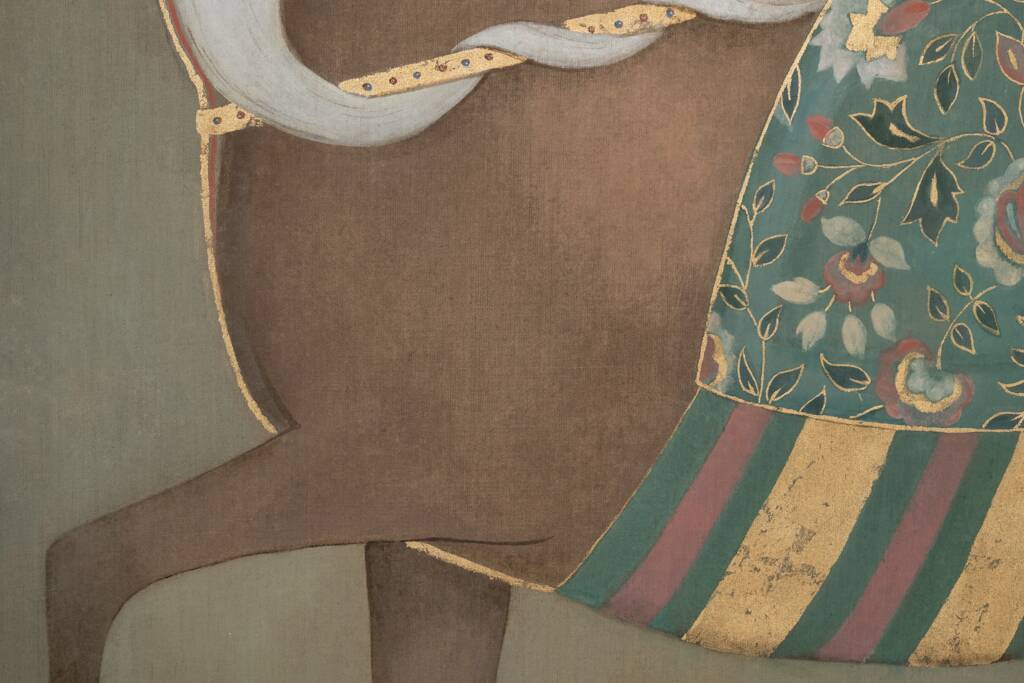 Painted canvas depicting a side view of an Indian horse. Contemporary work.