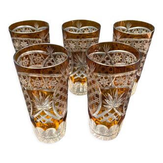 5 Large cup-shaped glasses in cut crystal lined