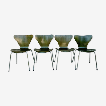 Suite de 4 chaises 3107 couleur olive série 7 Arne Jacobsen pour Fritz Hansen 1978