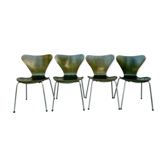 Suite of 4 chairs 3107 olive color, series 7 Arne Jacobsen for Fritz Hansen 1978