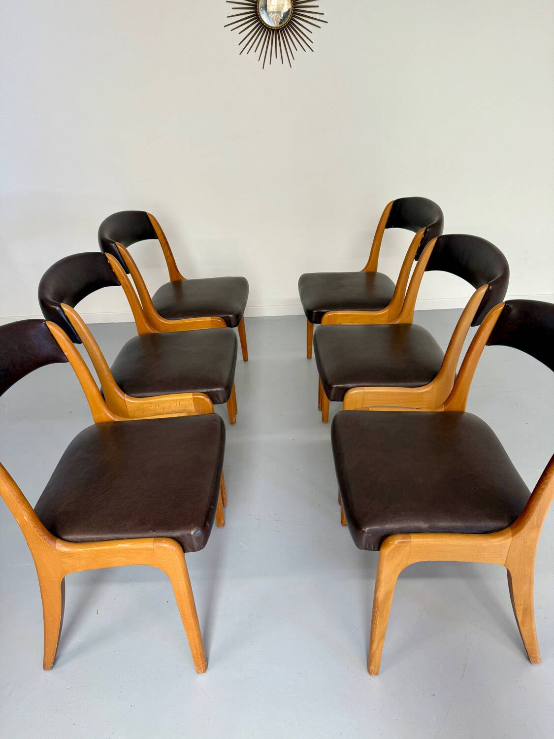 Set of 6 Baumann curved wood and imitation leather chairs, gondola model, 70s