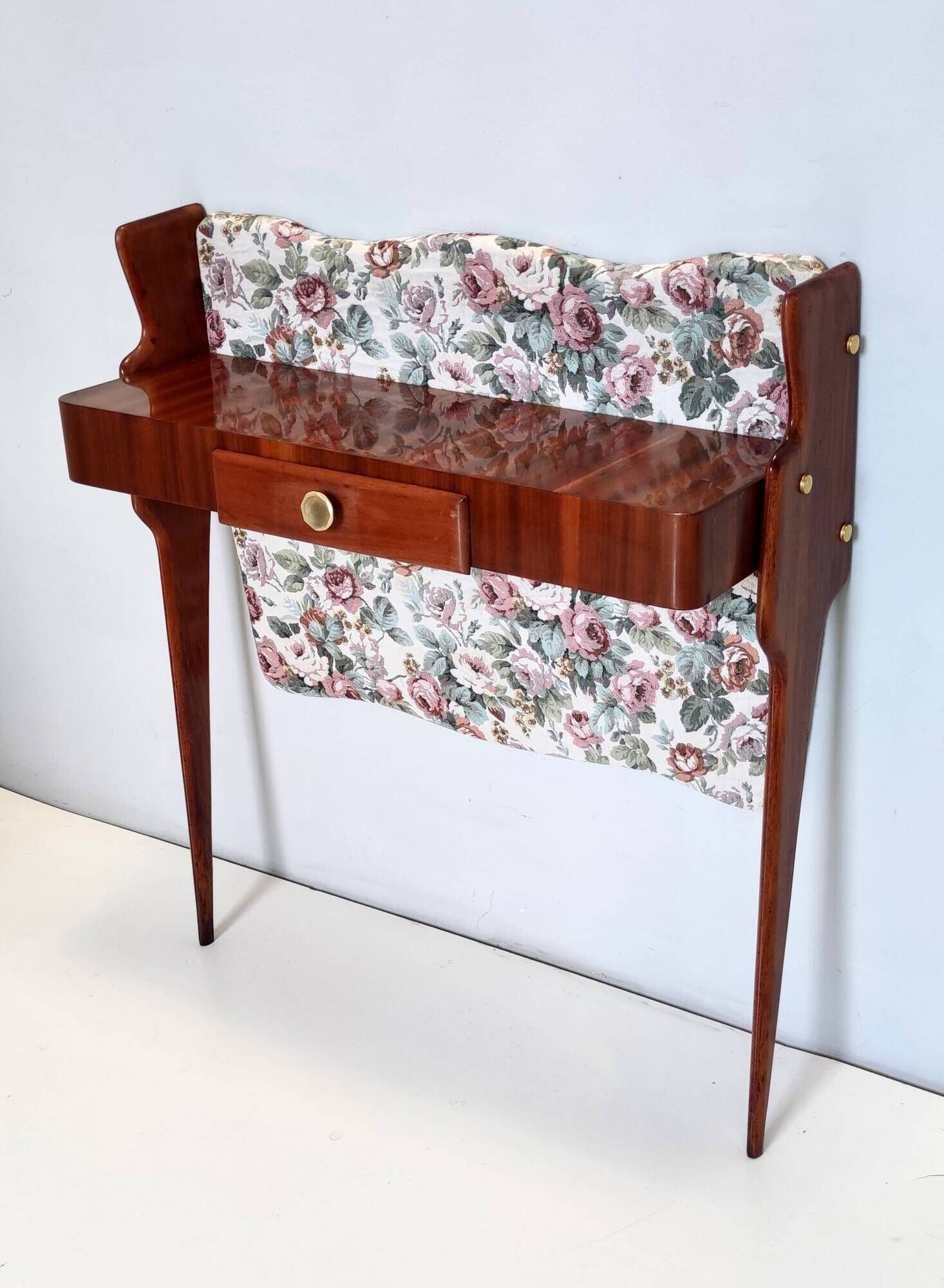 Ebonized Beech and Rose-Patterned Fabric Console with a Drawer, Italy