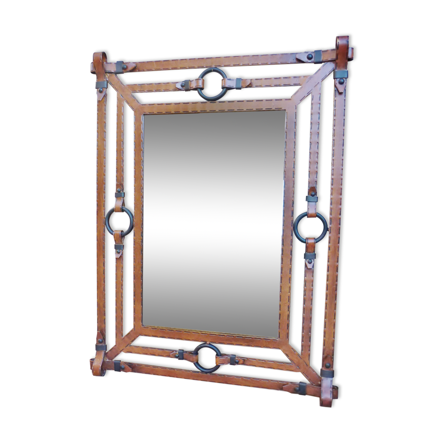 Metal mirror, wrought iron imitation leather straps and horse harness