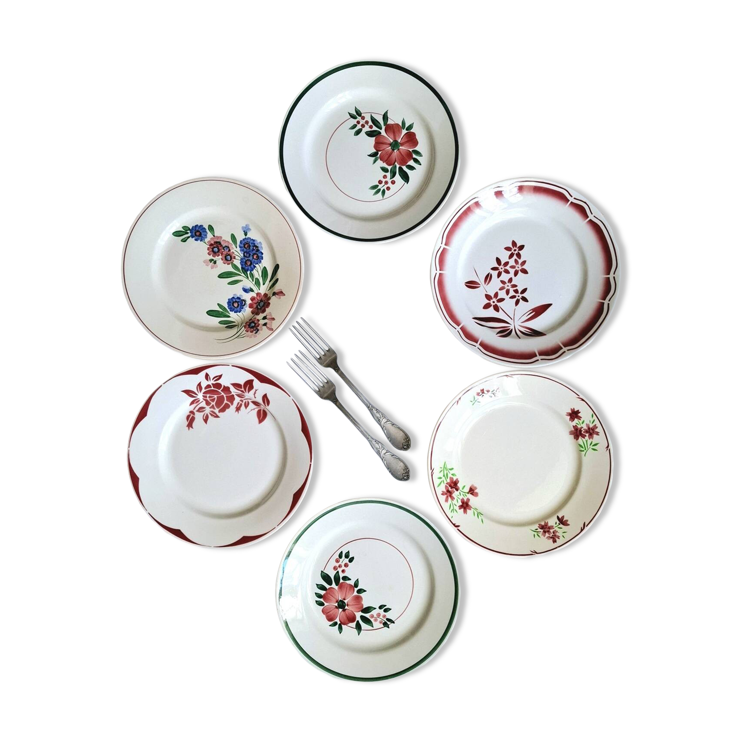 Old mismatched earthenware dinner plates