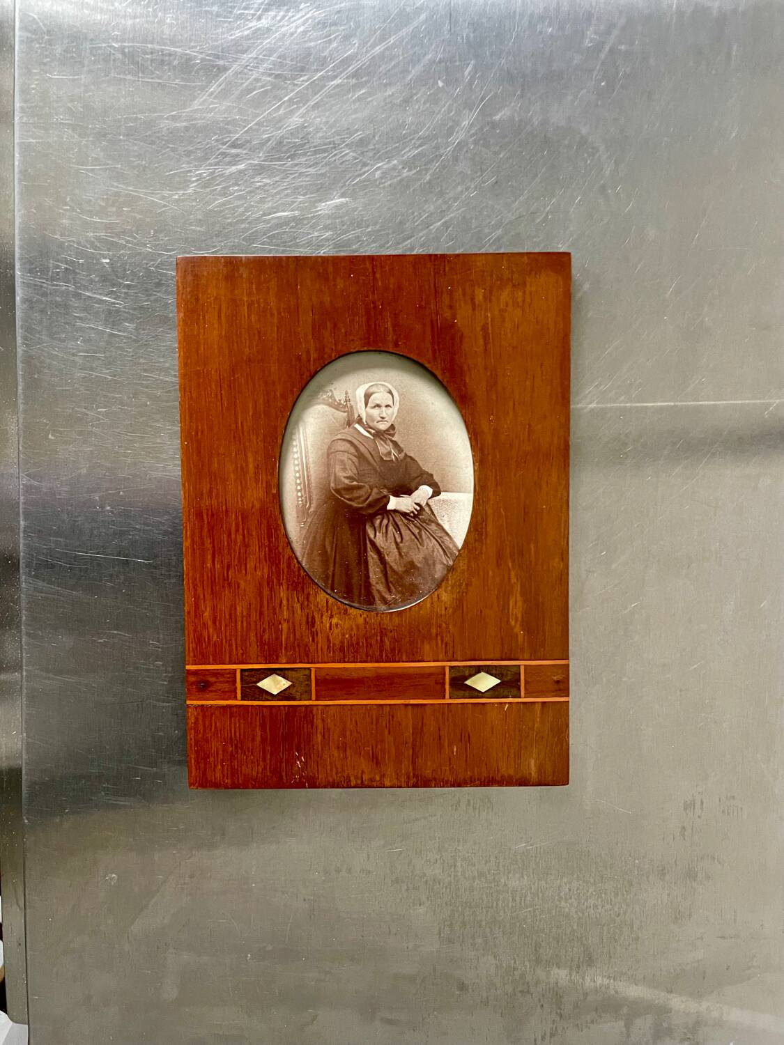 Antique Wood & mother of pearl Picture Frame with  intarsia