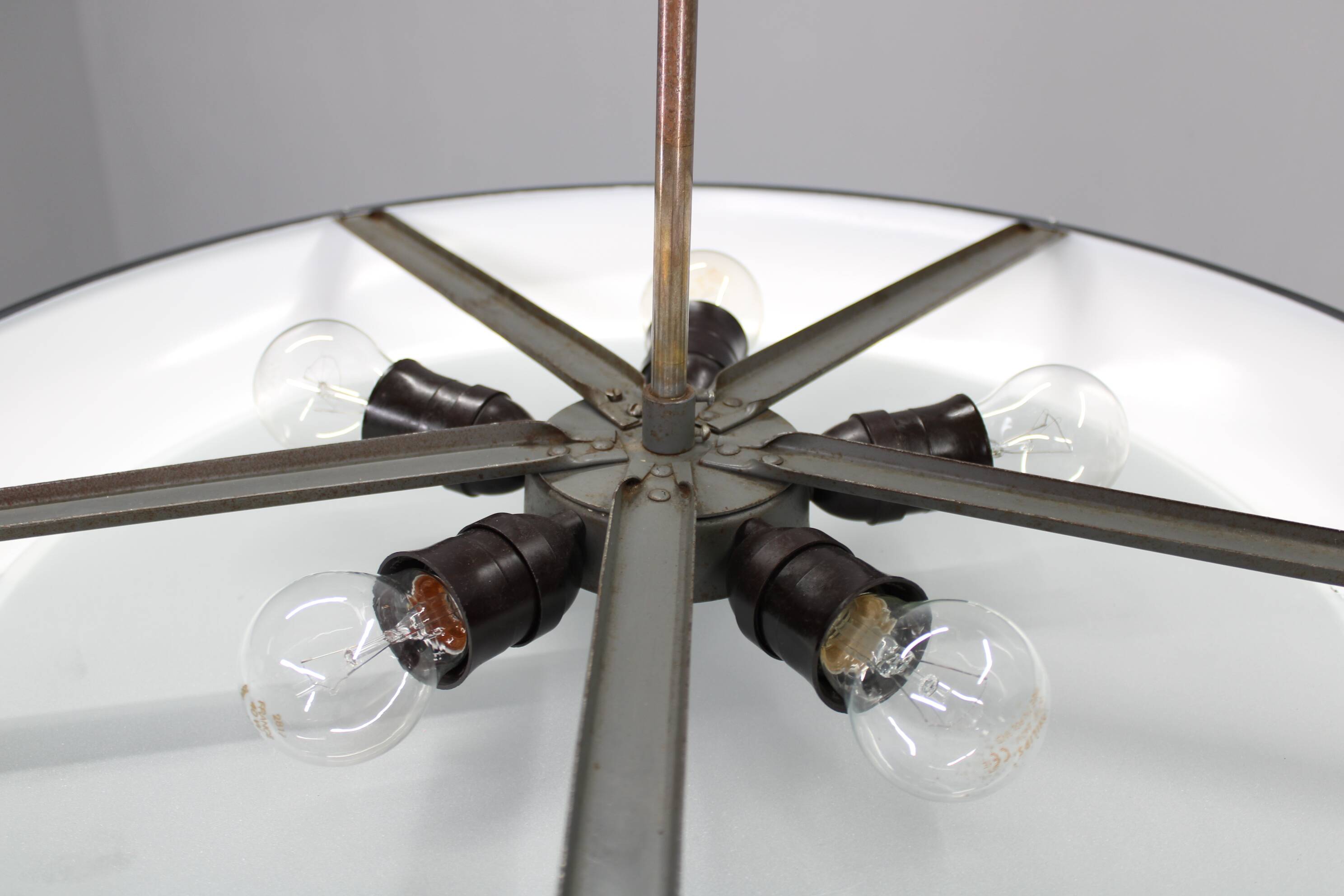 1940s Josef Hůrka for Napako Bauhaus UFO pendant light, metal & glass, restored