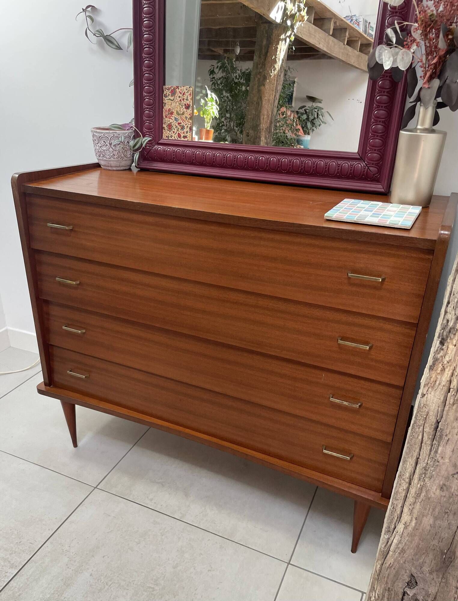 Commode vintage 4 tiroirs pieds compas simmob (années 1960/1970)