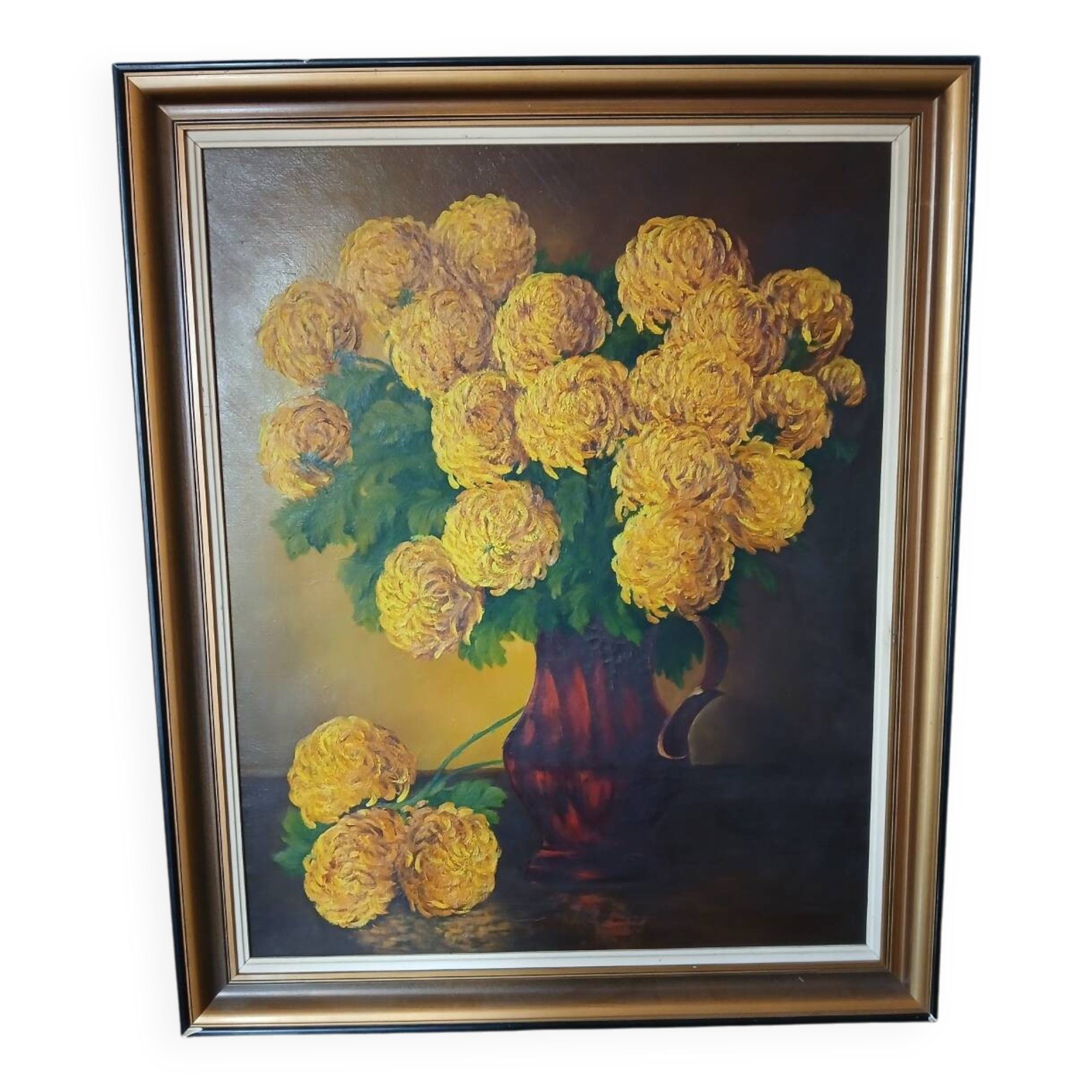 Signed painting - oil painting - bouquet of yellow pompoms