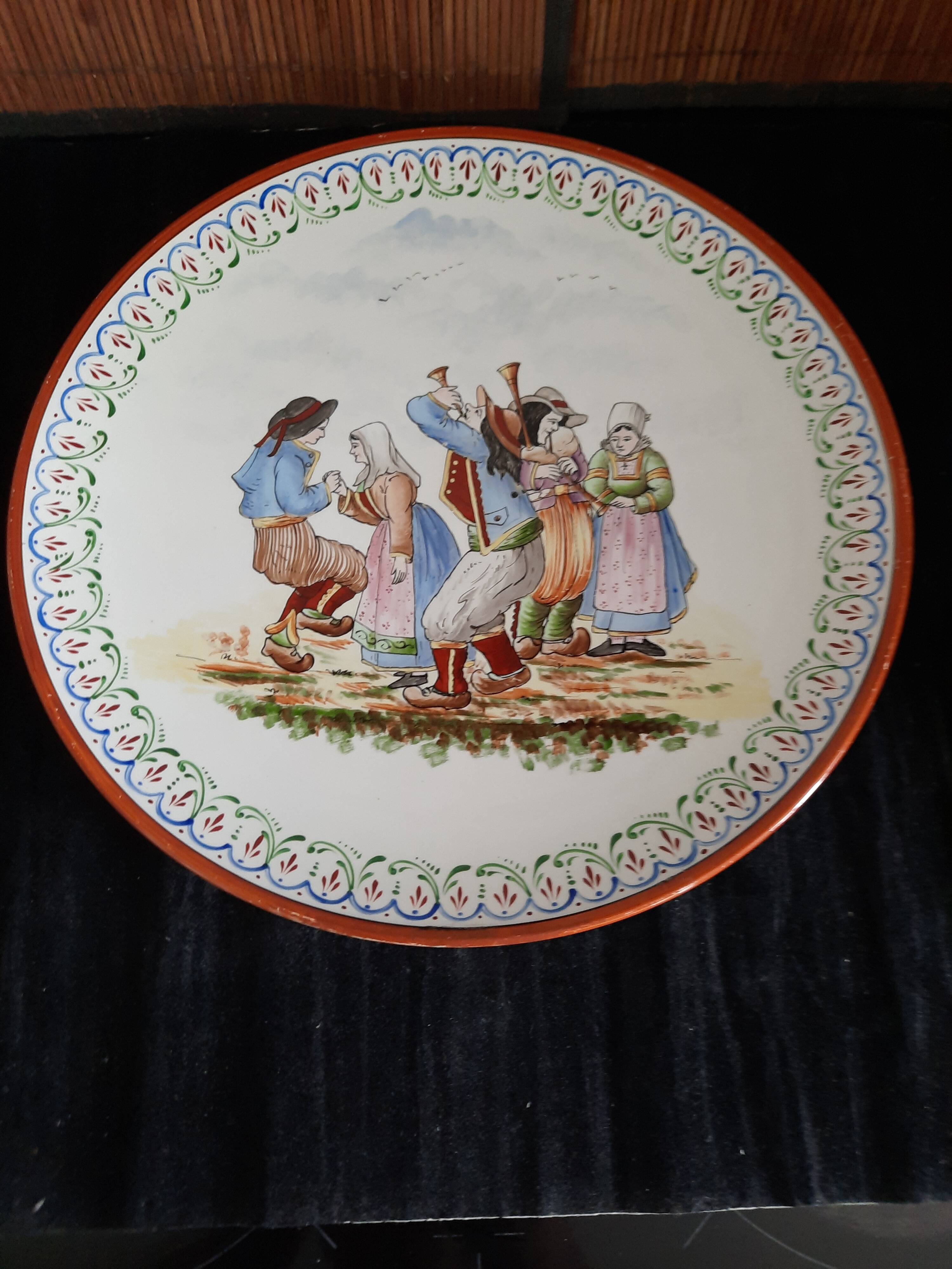 Large Round Antique Plate 33 cm Ceramic Pierrefonds - Regional Dance Decoration