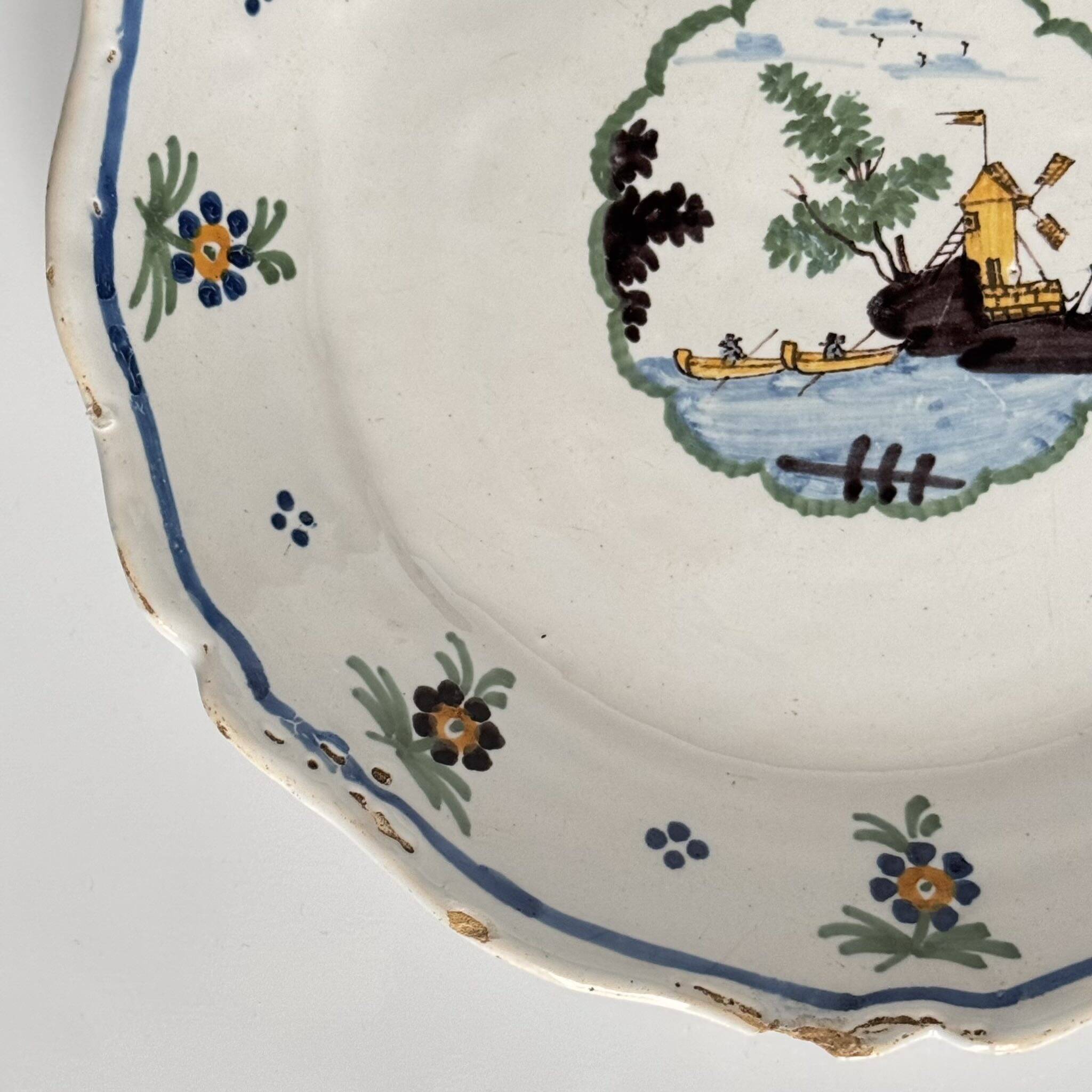 18th Century Nevers Earthenware Plate | Windmill and River