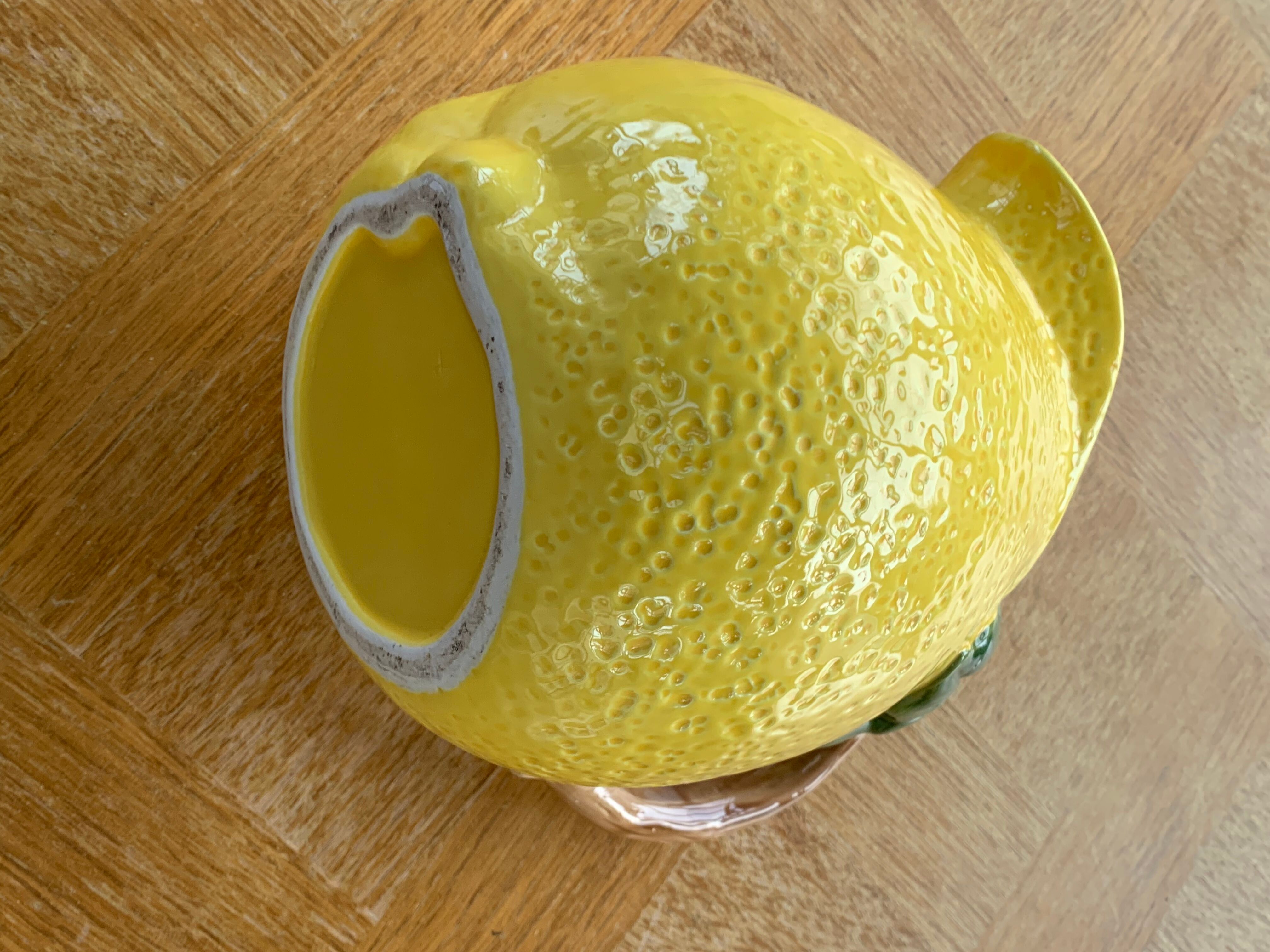 Lemon pitcher in ceramic slurry glazed yellow and green vintage
