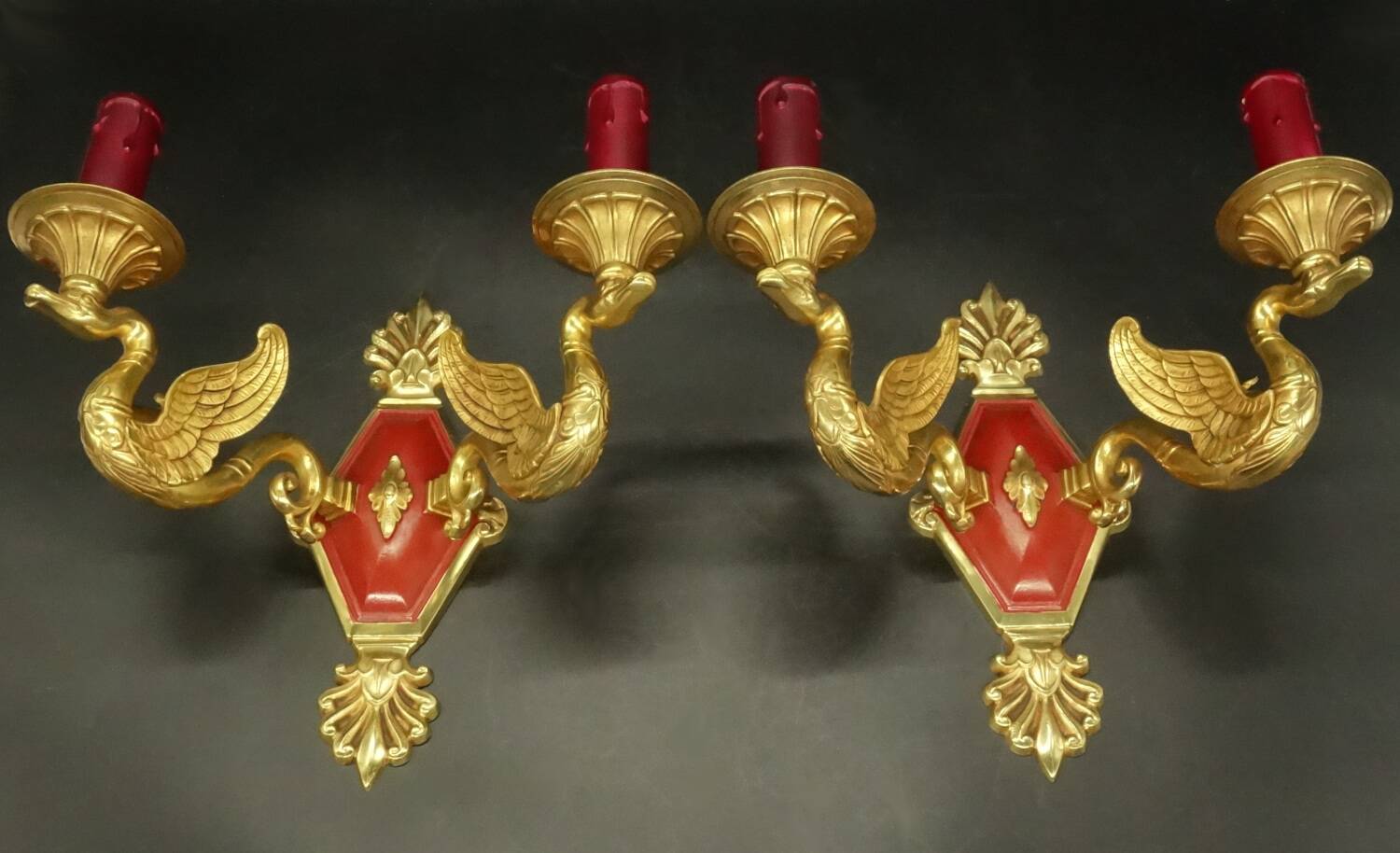 Pair of Empire style swan wall lights from Petitot - bronze & burgundy patina