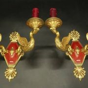 Pair of Empire style wall sconces with swans from Petitot - bronze & bordeaux patina.