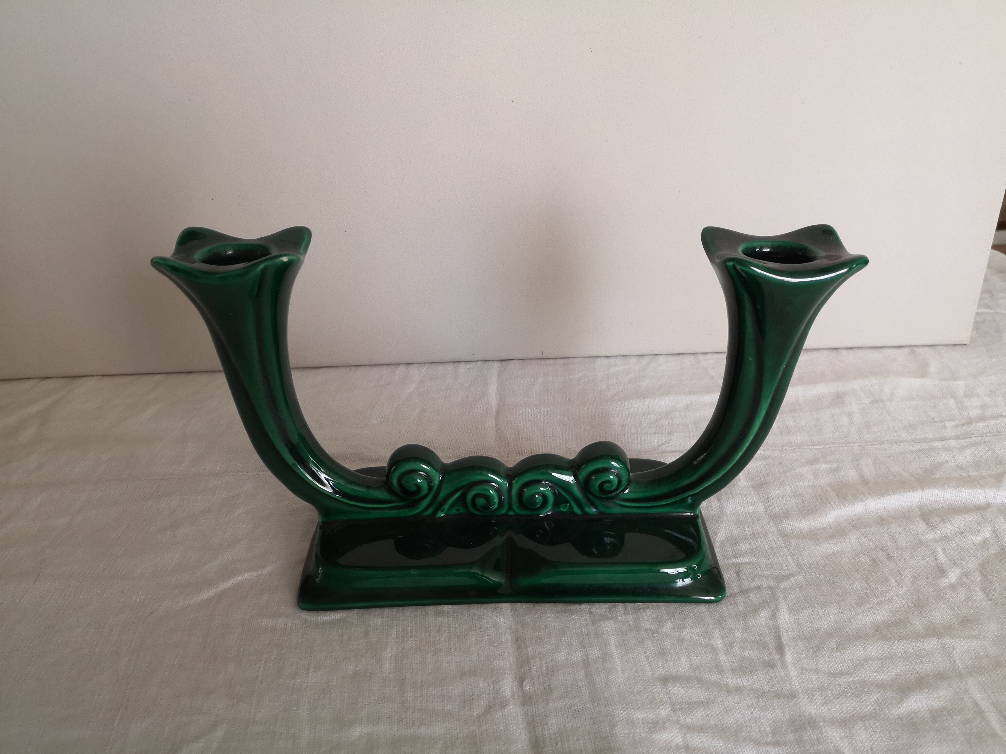 Pair of candlesticks emerald green earthenware 50