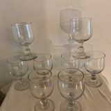 8 old red wine glasses with blown and bubbled glass walk