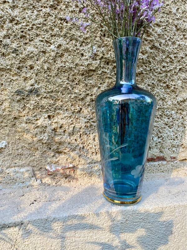 Vintage engraved blue vase