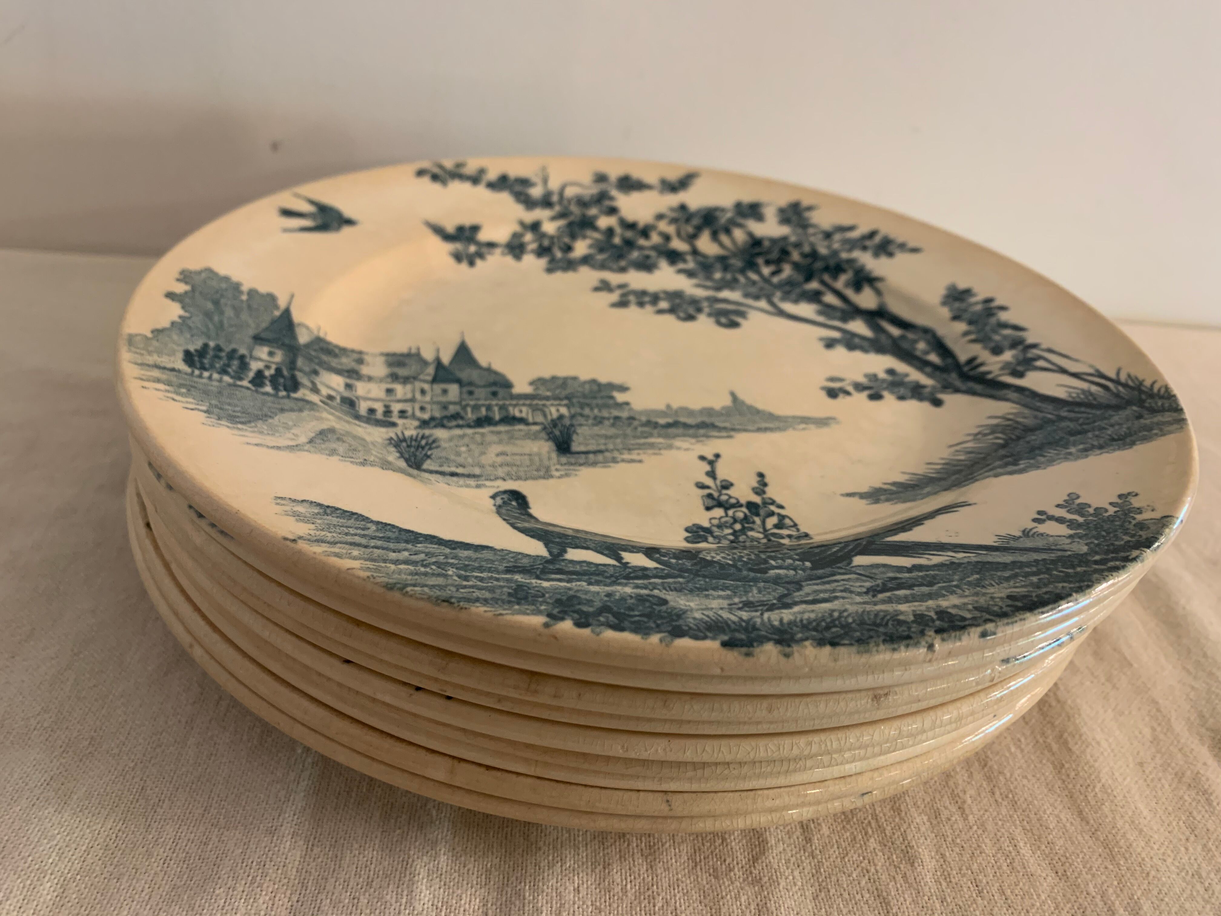 9 dessert plates old chickens, geese and pheasants blue field service Terre de Fer