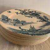 9 dessert plates old chickens, geese and pheasants blue field service Terre de Fer