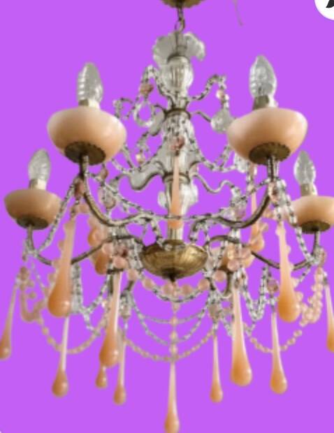 Superb antique chandelier brass/glass/Murano opal.
