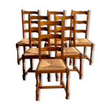 Set of 6 wooden and straw chairs
