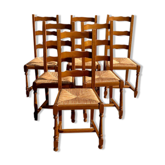 Set of 6 wooden and straw chairs