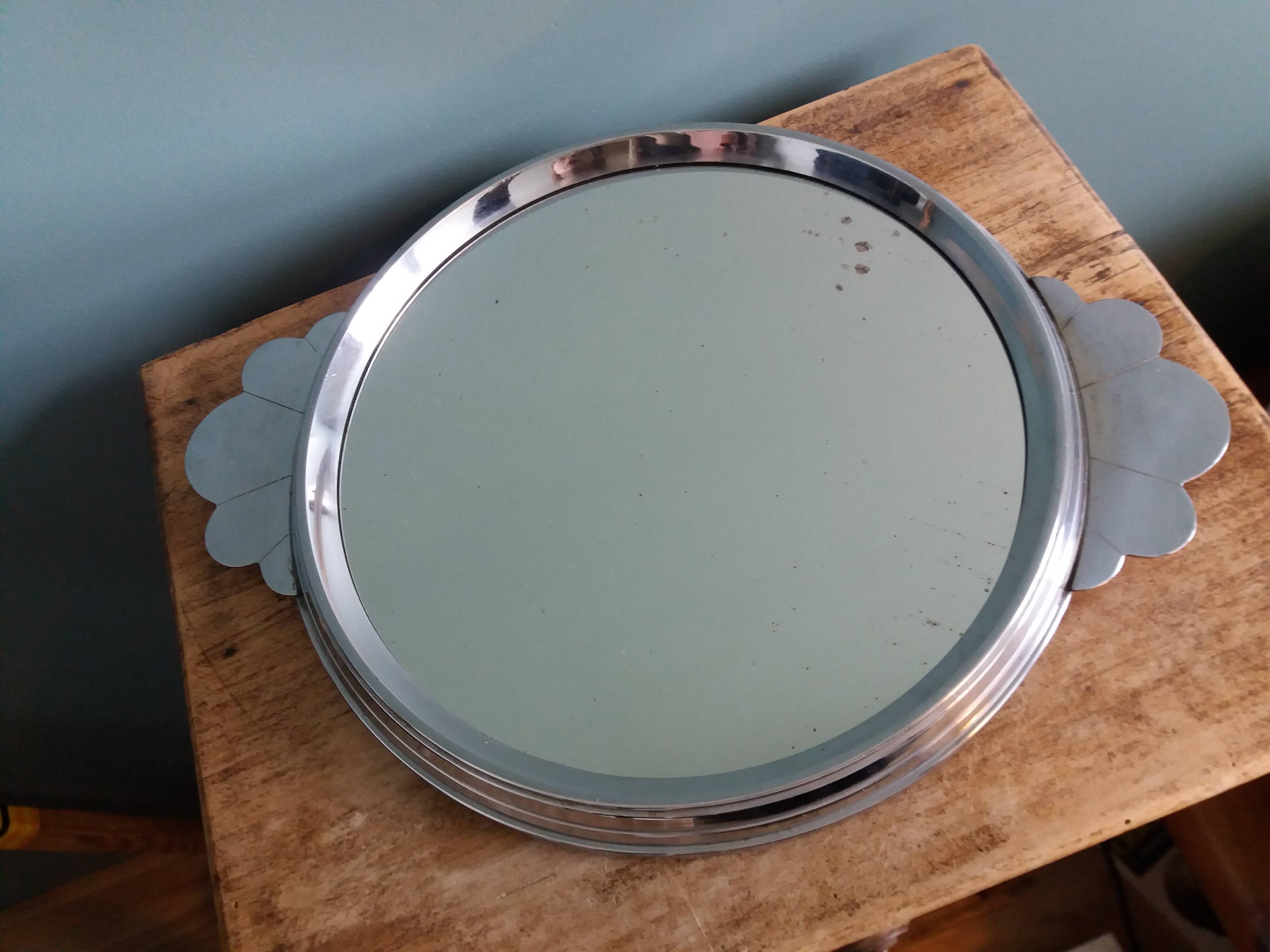 Art Deco silver round mirror tray