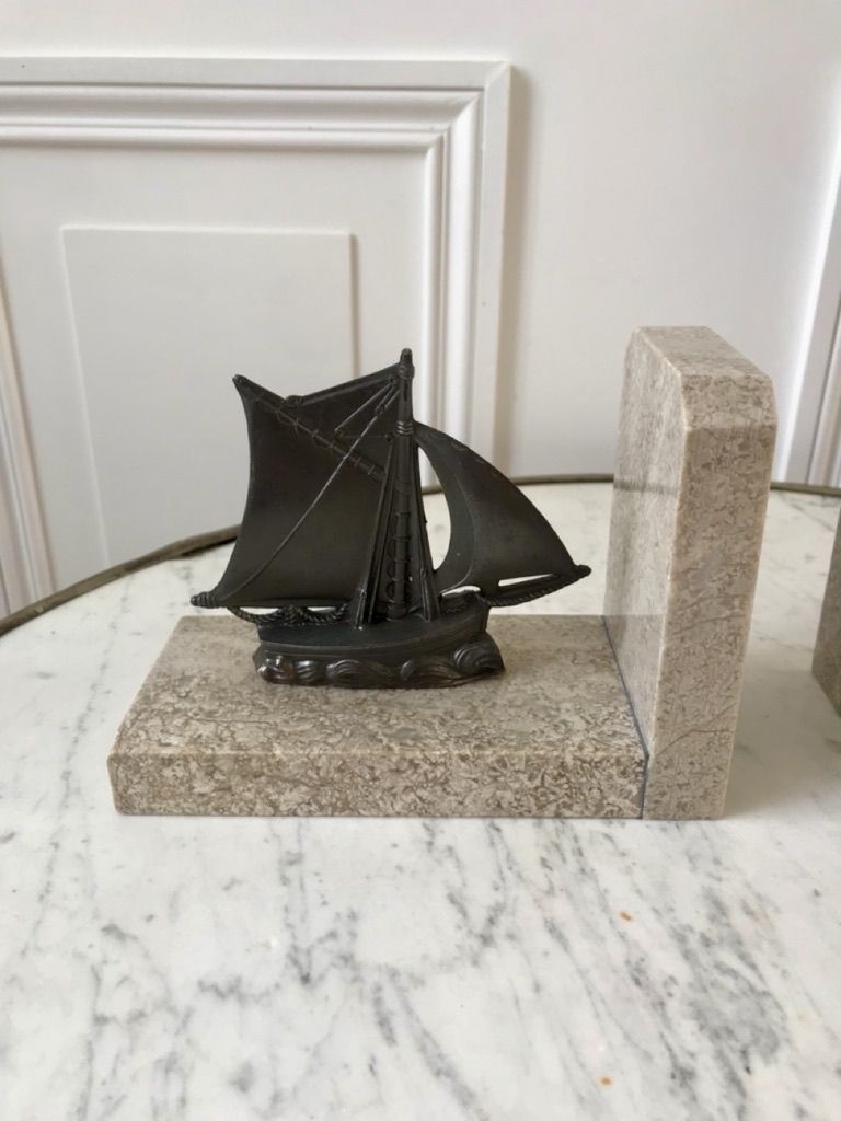 Pair of bookends boats in marble and steel 50s