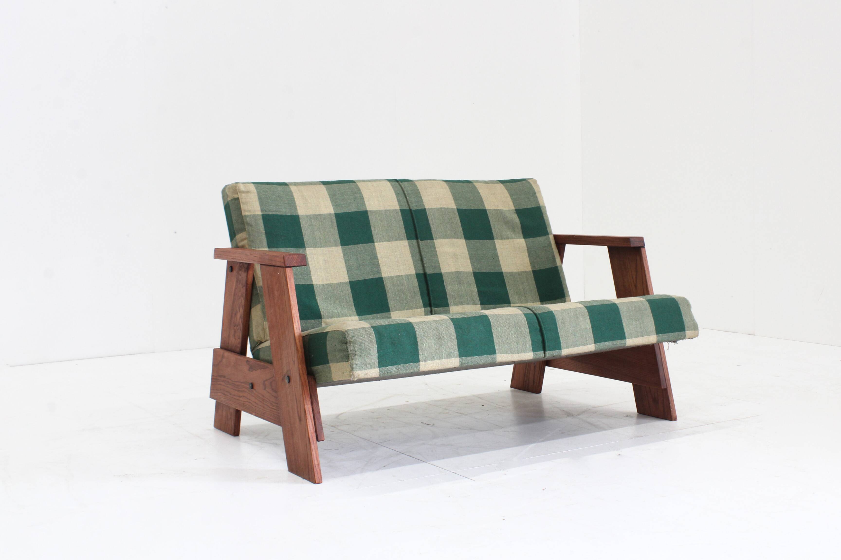 Vintage Sofa checkered fabric and wood , Italy
