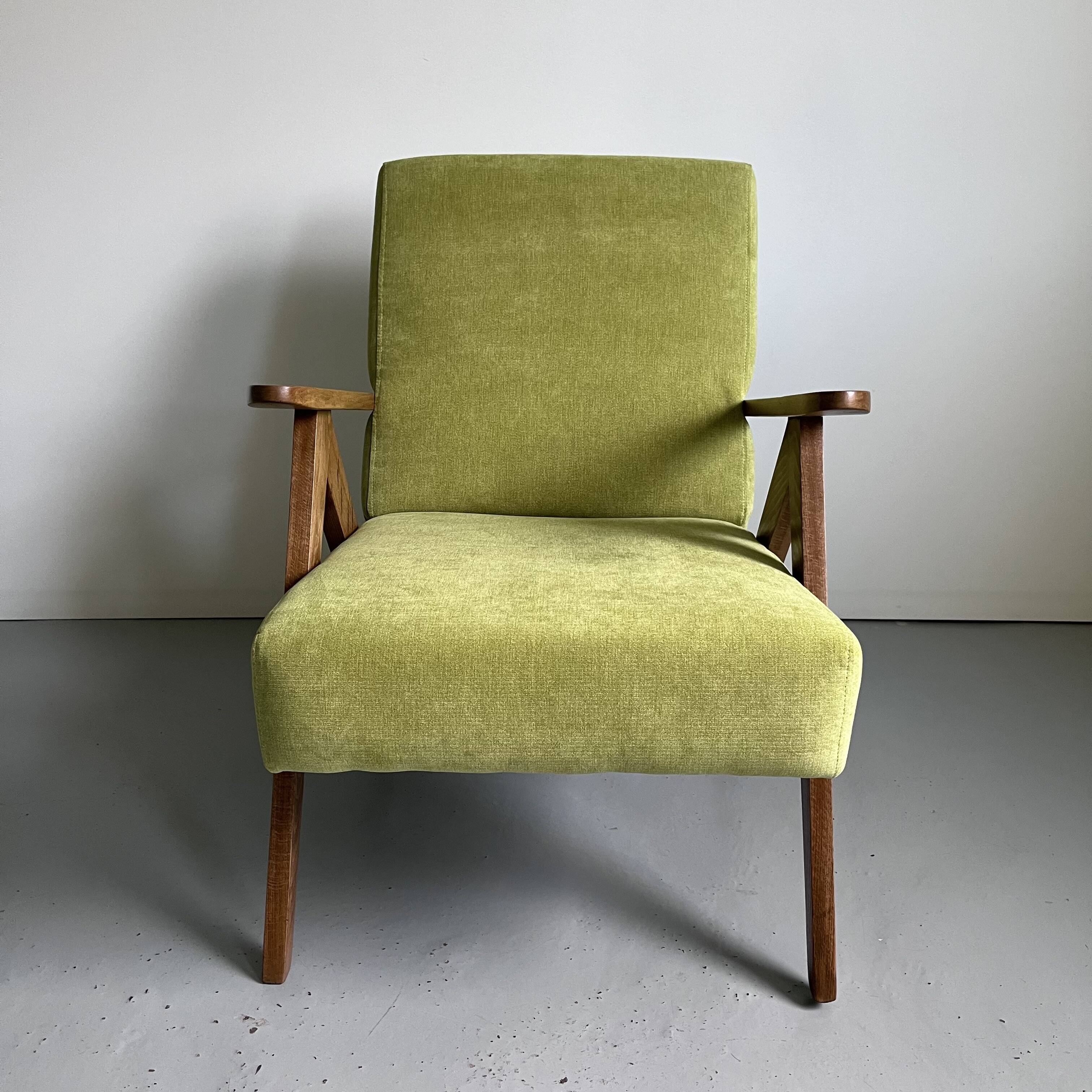 Vintage Mid-Century Modern Armchair: Lime Green Fabric and Beech Wood Frame