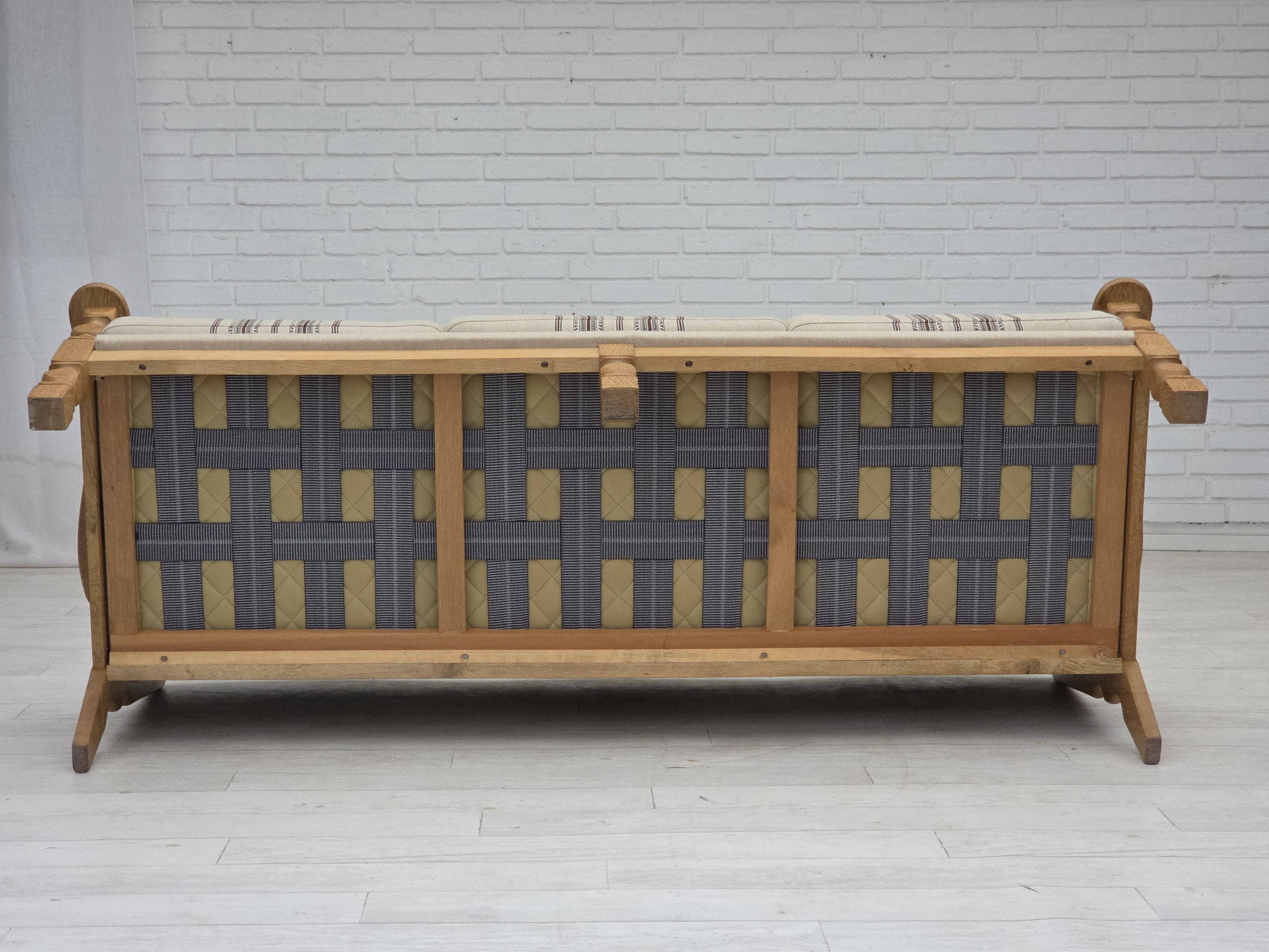 1970s, Danish 3-seater sofa, beige furniture wool, solid oak wood.