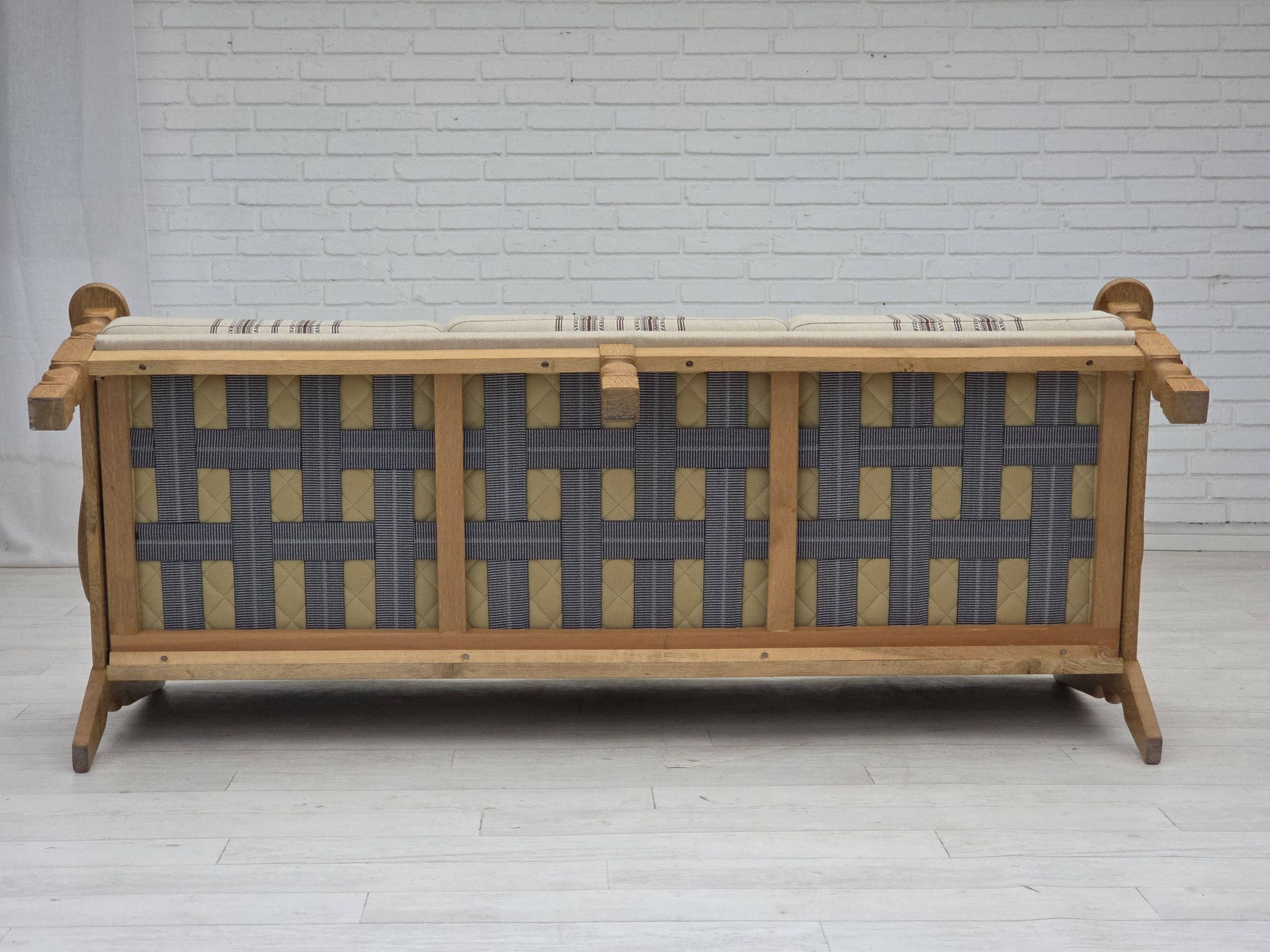 1970s, Danish 3-seater sofa, beige furniture wool, solid oak wood.