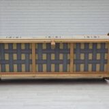 1970s, Danish 3-seater sofa, beige furniture wool, solid oak wood.