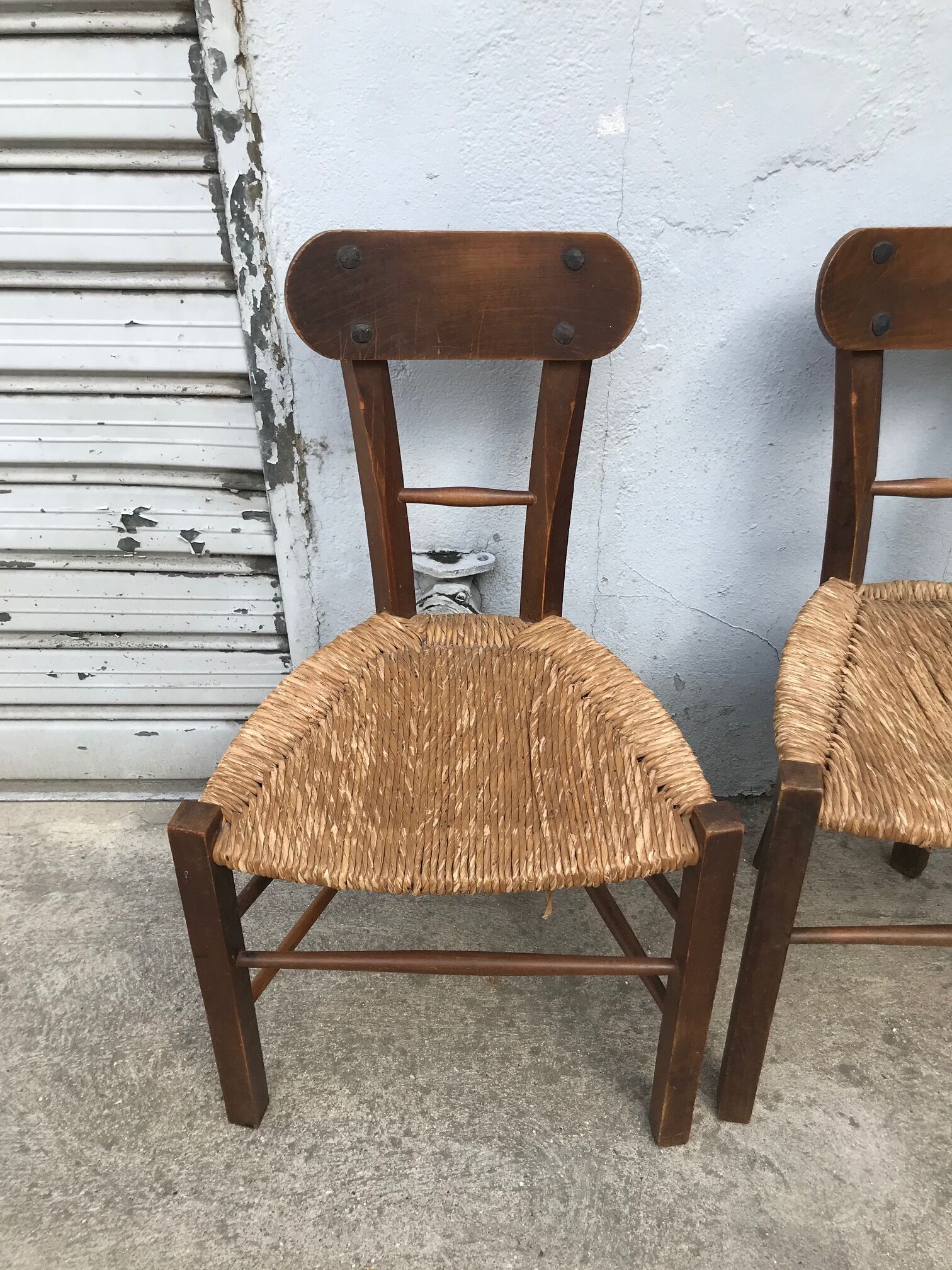 Set of 4 brutalist chairs wood and rope, popular art
