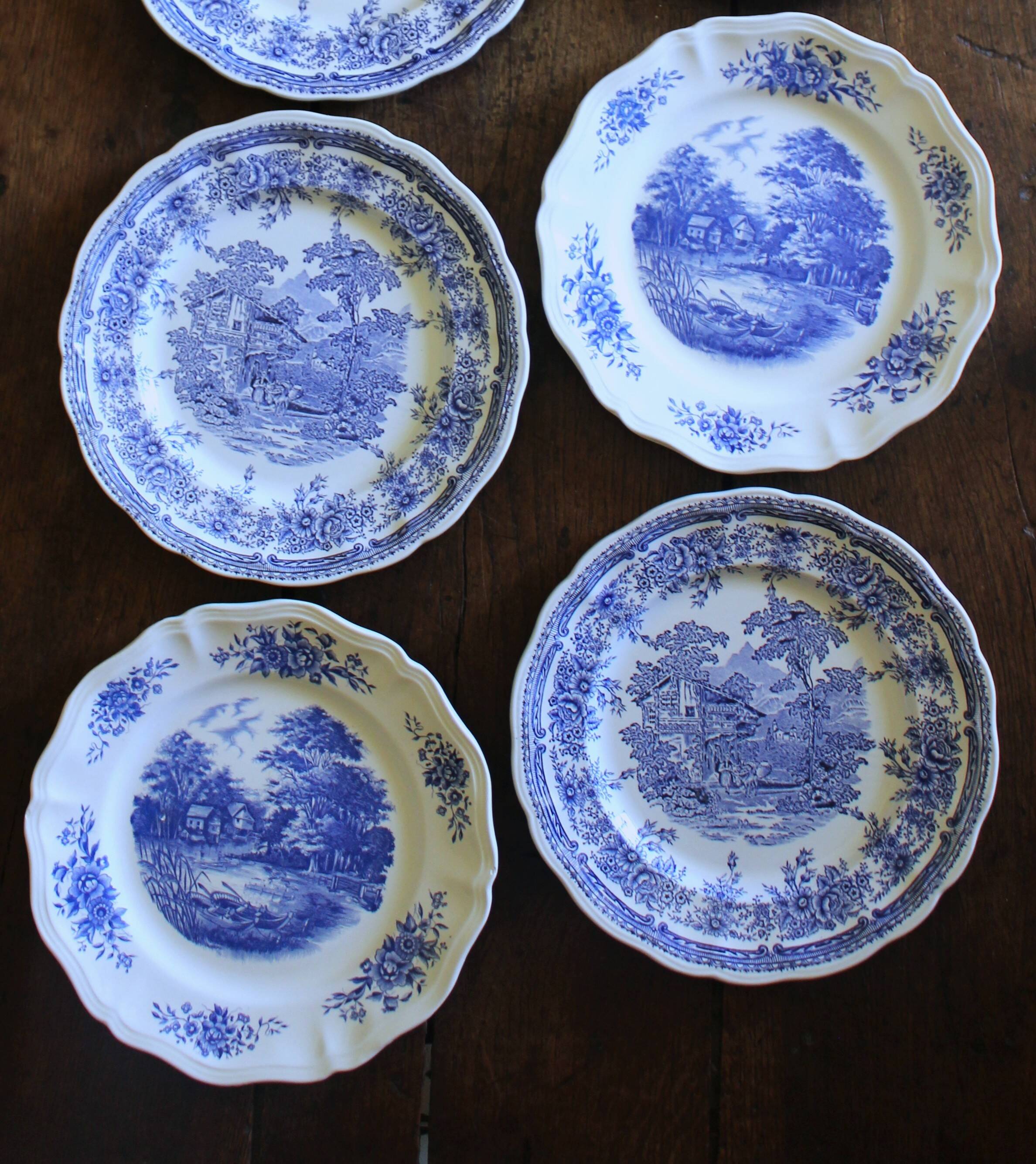 6 romantic blue Lunéville Sarreguemines dinner plates