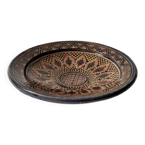 Saladier poterie vintage en céramique signée, travail berbère