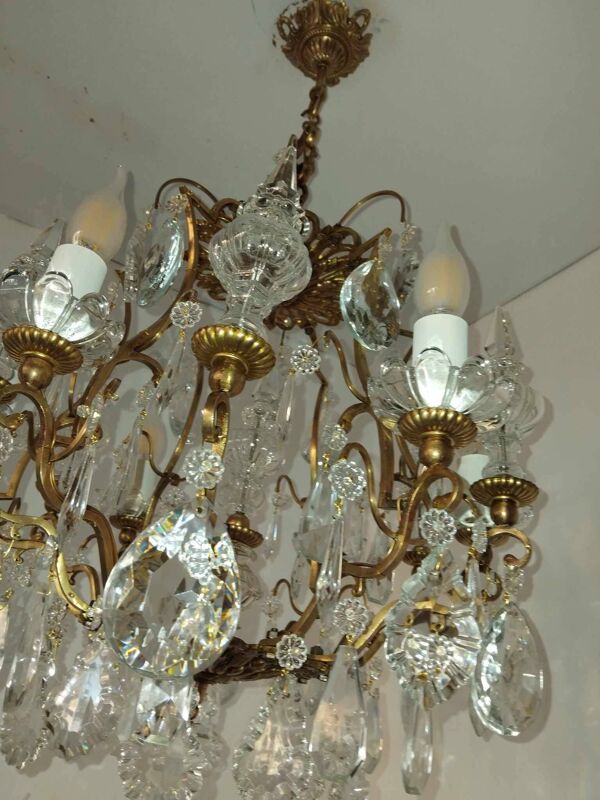 Lustre cage 6 bras de lumière avec poignard en cristal, fin 19ème