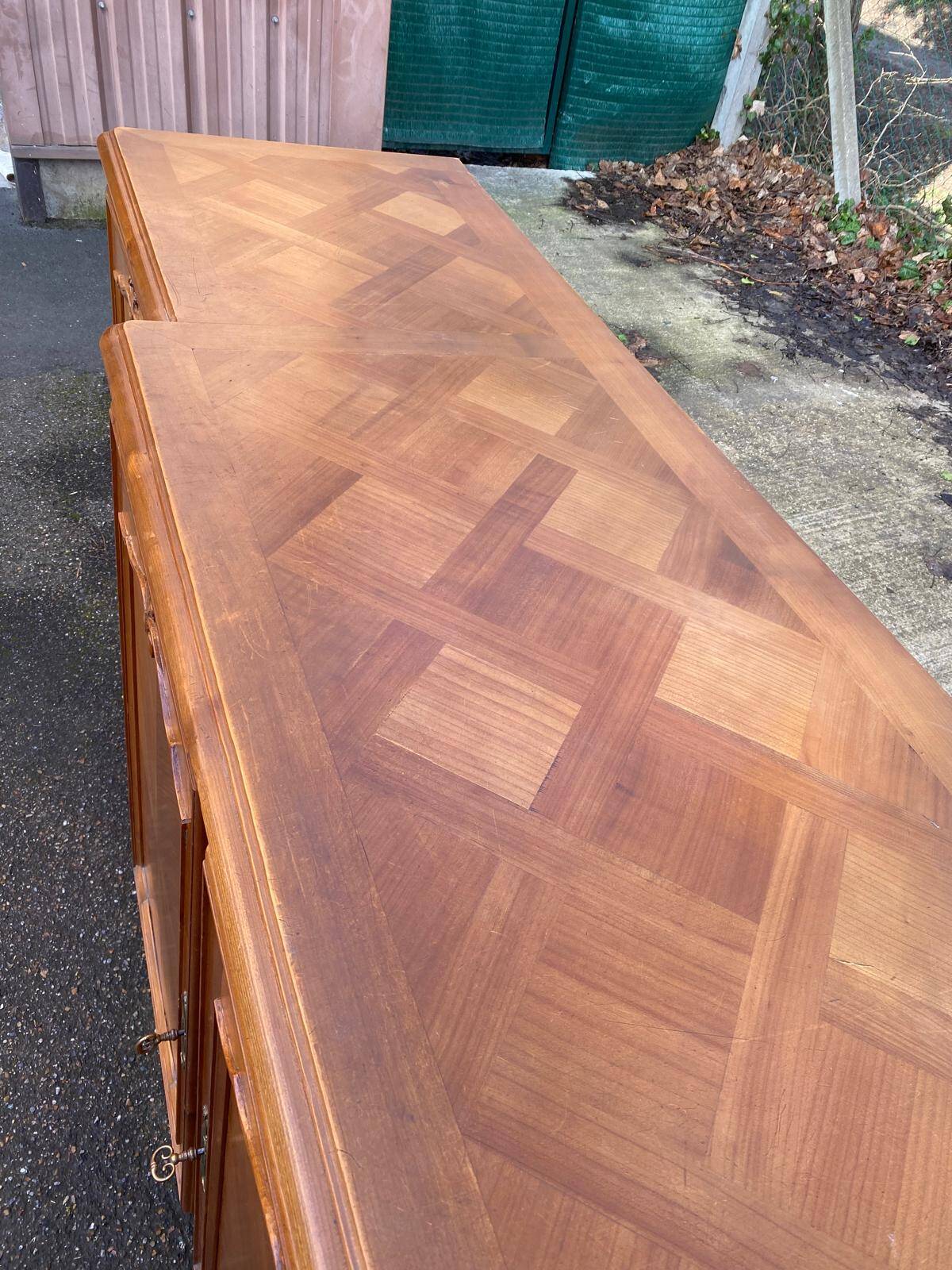 Light solid wood enfilade with Louis XV marquetry from the 20th century, 227cm.