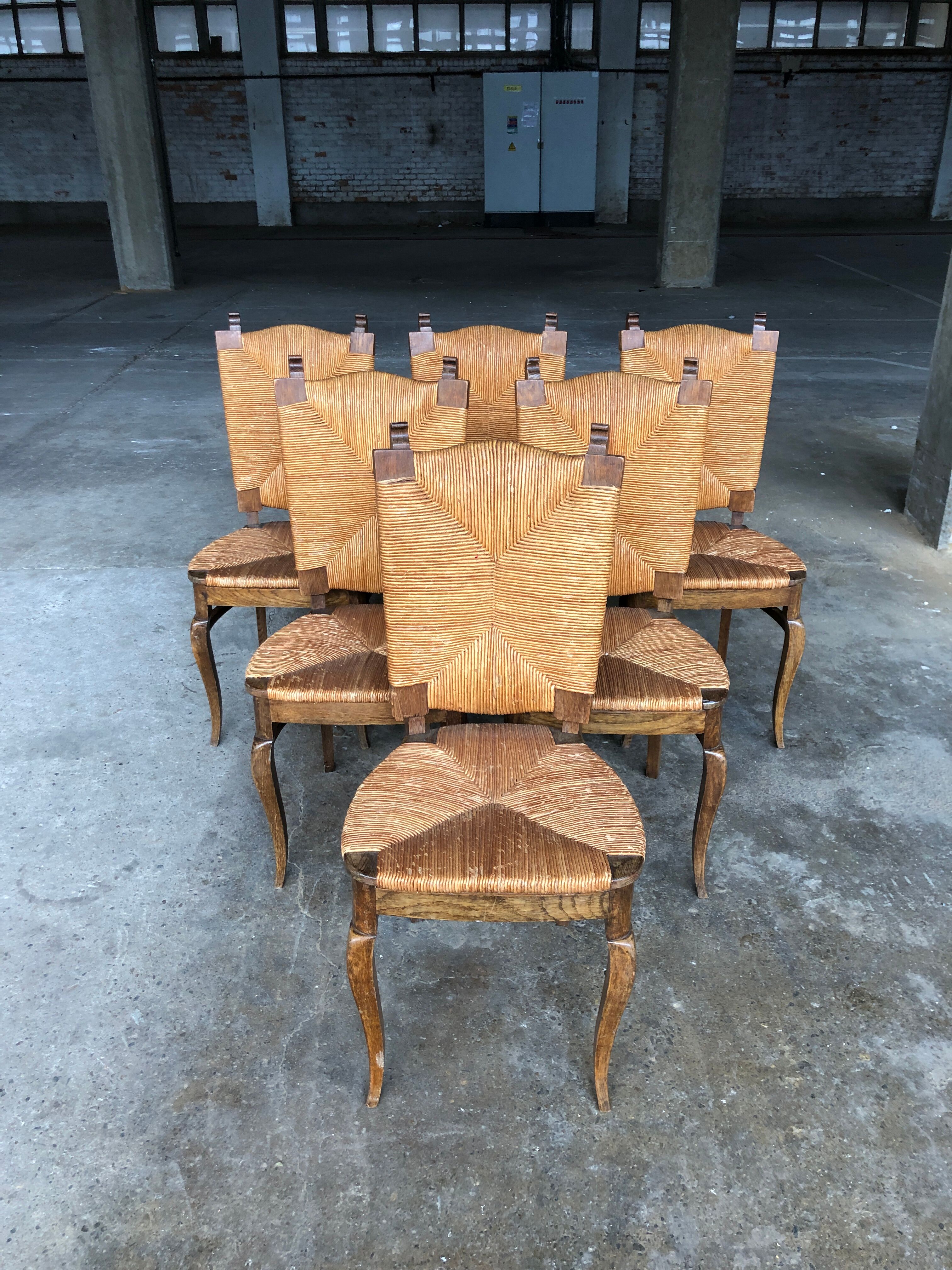 Dining chairs with rush made of oak wood, France 1950s, Set of 6