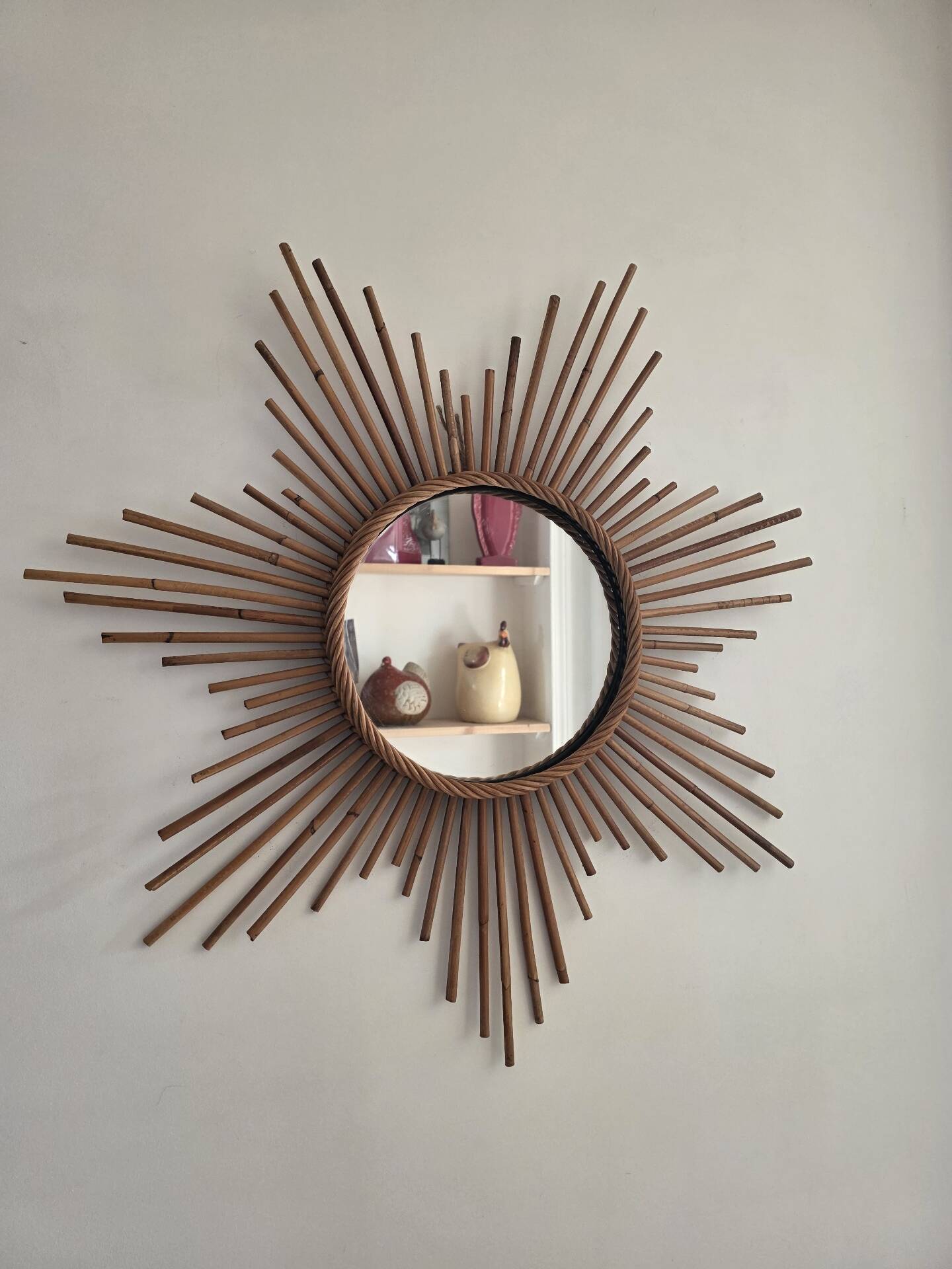 Vintage XL rattan sun mirror