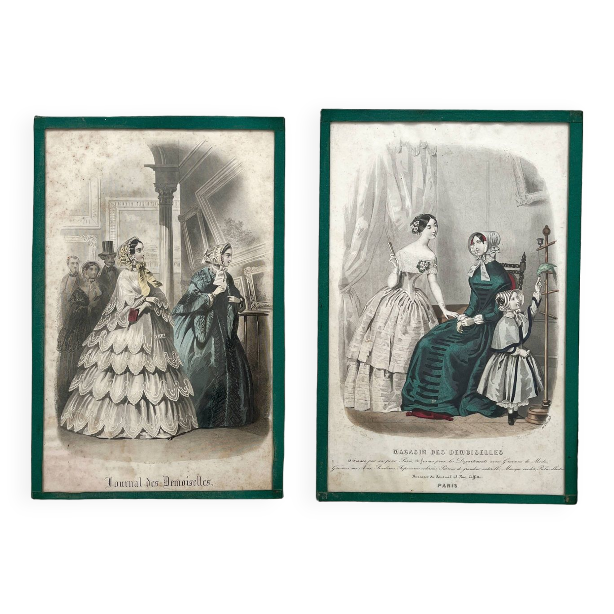 2 lithographs, antique fashion illustrations, under glass, 19th century