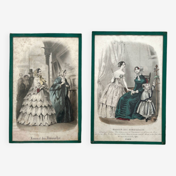 2 gravures lithographies illustrations de mode ancienne sous verre 19eme siècle